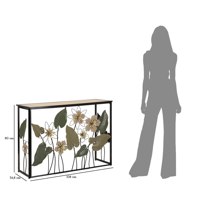 Console originale Rectangulaire en Métal Noir Bois Naturel Motif fleurs Spring 