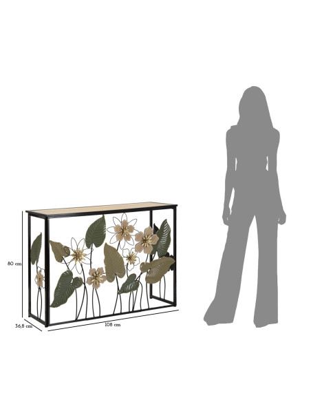 Console originale Rectangulaire en Métal Noir Bois Naturel Motif fleurs Spring 