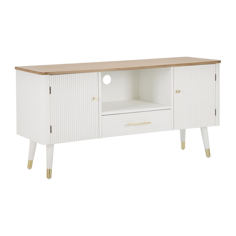 Buffet moderne 2 portes 1 tiroir 1 niche en Bois de pin Blanc Naturel Métal Doré Matera 