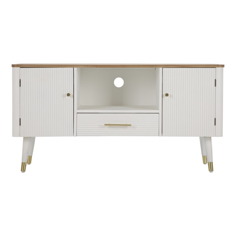 Buffet moderne 2 portes 1 tiroir 1 niche en Bois de pin Blanc Naturel Métal Doré Matera 