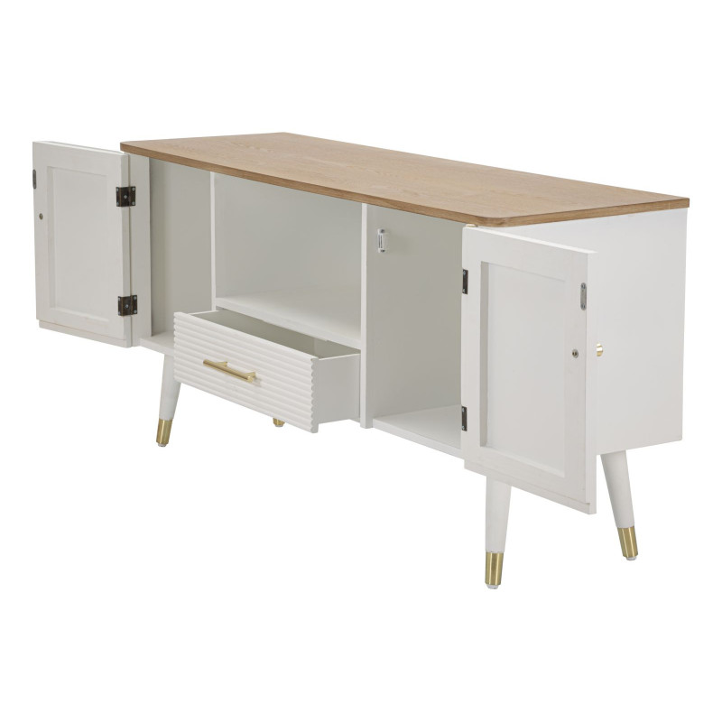 Buffet moderne 2 portes 1 tiroir 1 niche en Bois de pin Blanc Naturel Métal Doré Matera 