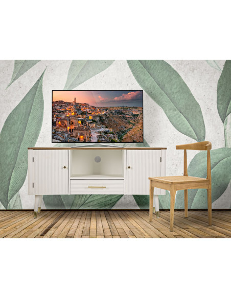 Buffet moderne 2 portes 1 tiroir 1 niche en Bois de pin Blanc Naturel Métal Doré Matera 