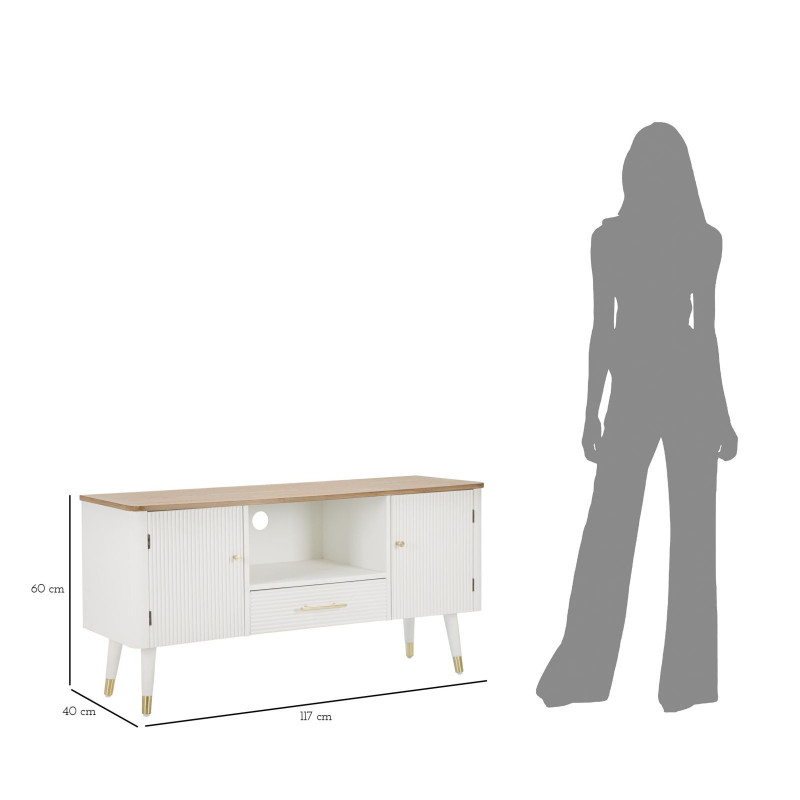 Buffet moderne 2 portes 1 tiroir 1 niche en Bois de pin Blanc Naturel Métal Doré Matera 