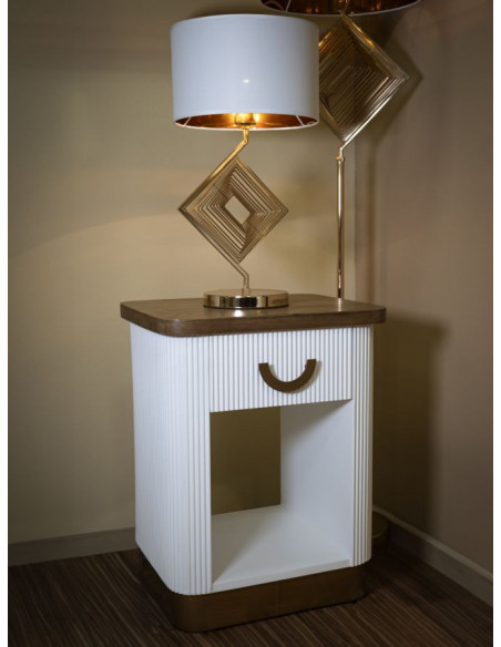 Chevet moderne 1 tiroir 1 étagère en Bois de frêne Marron Blanc Métal Doré Tolosa 