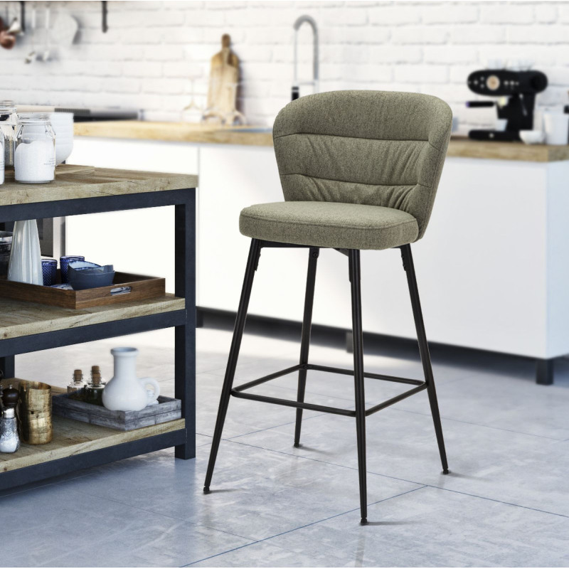 Tabouret de bar moderne avec dossier en Tissu Vert Métal Noir Losanna (Lot de 2) 