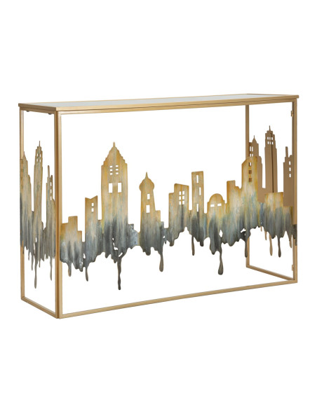 Console originale Rectangulaire en Métal Doré Verre Blanc Motif ville City 