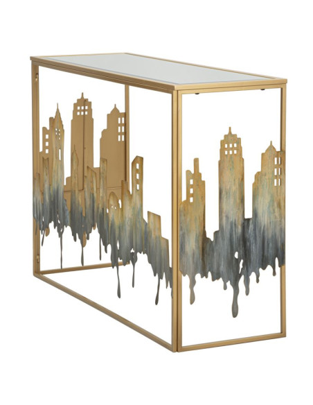 Console originale Rectangulaire en Métal Doré Verre Blanc Motif ville City 