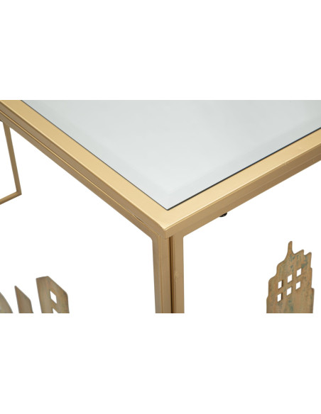 Console originale Rectangulaire en Métal Doré Verre Blanc Motif ville City 