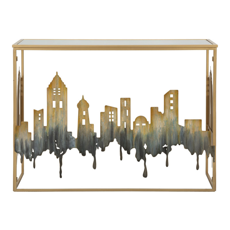 Console originale Rectangulaire en Métal Doré Verre Blanc Motif ville City 