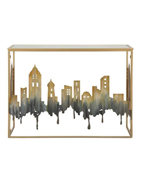 Console originale Rectangulaire en Métal Doré Verre Blanc Motif ville City 