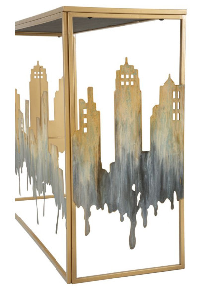 Console originale Rectangulaire en Métal Doré Verre Blanc Motif ville City 