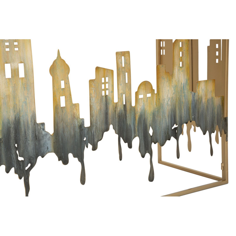 Console originale Rectangulaire en Métal Doré Verre Blanc Motif ville City 