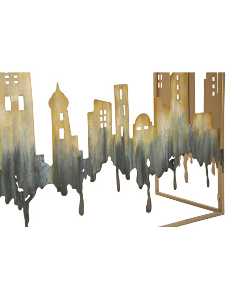 Console originale Rectangulaire en Métal Doré Verre Blanc Motif ville City 