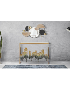 Console originale Rectangulaire en Métal Doré Verre Blanc Motif ville City 