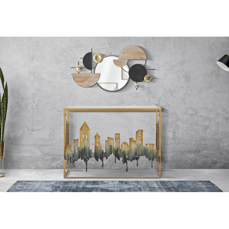 Console originale Rectangulaire en Métal Doré Verre Blanc Motif ville City 