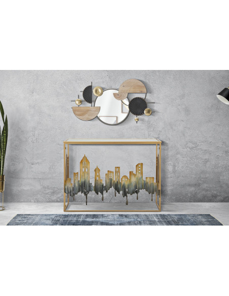 Console originale Rectangulaire en Métal Doré Verre Blanc Motif ville City 