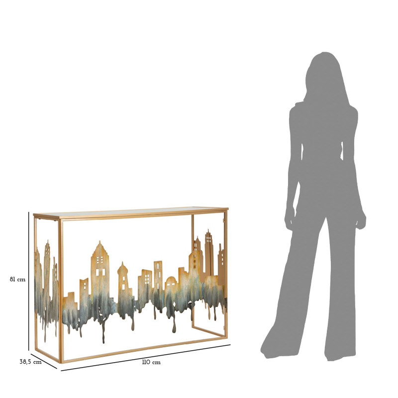 Console originale Rectangulaire en Métal Doré Verre Blanc Motif ville City 