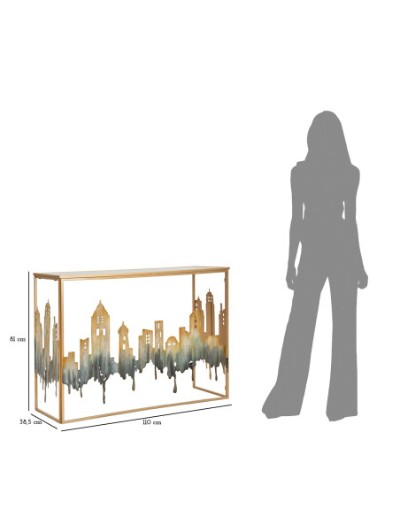 Console originale Rectangulaire en Métal Doré Verre Blanc Motif ville City 
