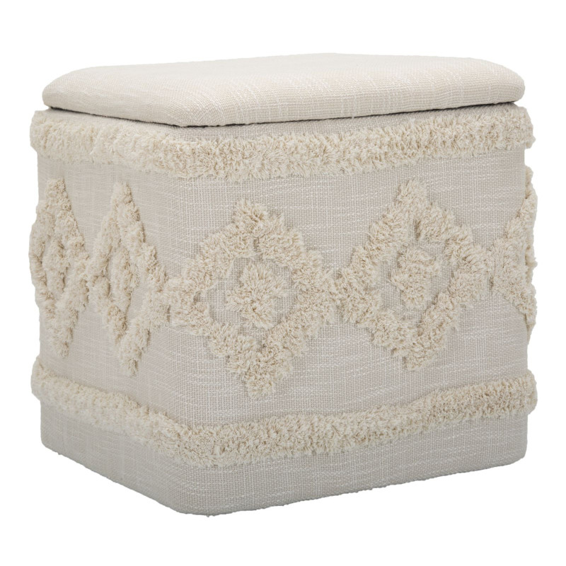 Pouf bohème avec coffre de rangement Carré en Tissu Coton Beige Tufté Bois Ettore 