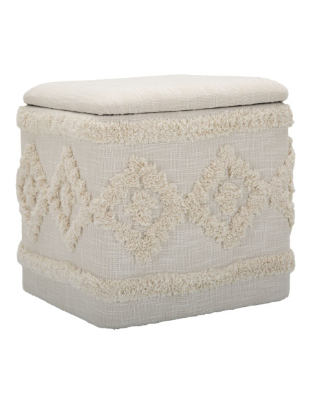 Pouf bohème avec coffre de rangement Carré en Tissu Coton Beige Tufté Bois Ettore 