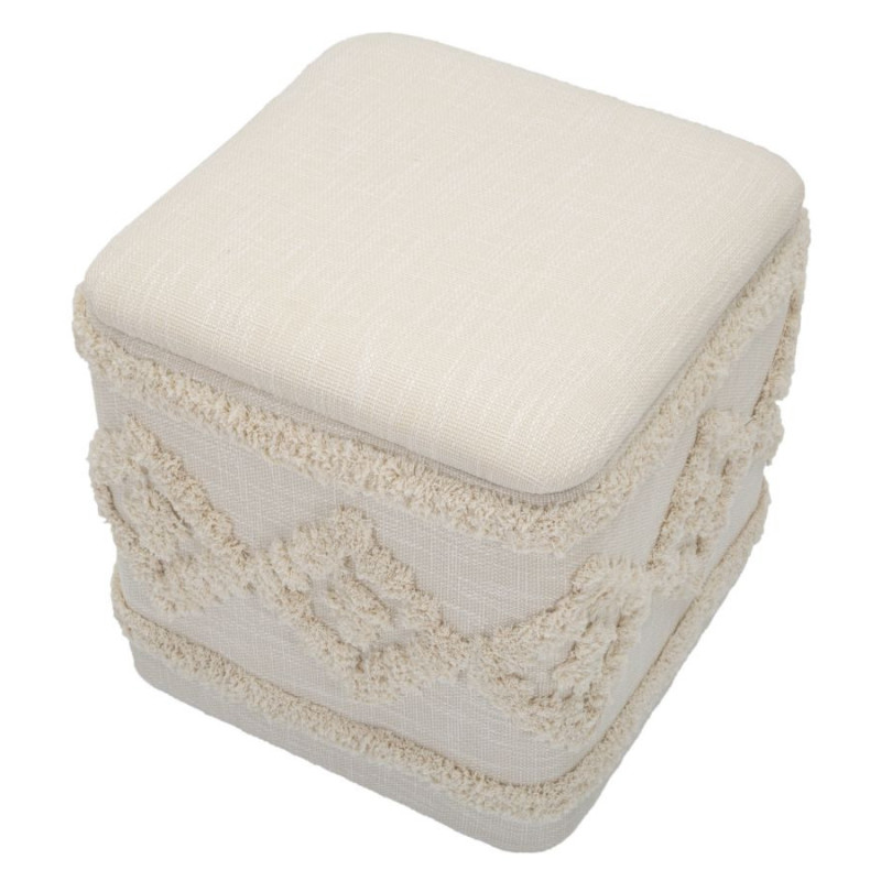 Pouf bohème avec coffre de rangement Carré en Tissu Coton Beige Tufté Bois Ettore 