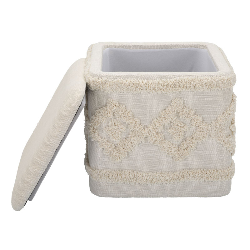 Pouf bohème avec coffre de rangement Carré en Tissu Coton Beige Tufté Bois Ettore 