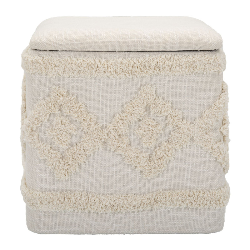 Pouf bohème avec coffre de rangement Carré en Tissu Coton Beige Tufté Bois Ettore 