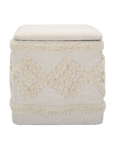 Pouf bohème avec coffre de rangement Carré en Tissu Coton Beige Tufté Bois Ettore 