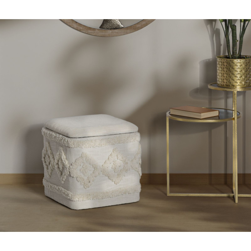 Pouf bohème avec coffre de rangement Carré en Tissu Coton Beige Tufté Bois Ettore 
