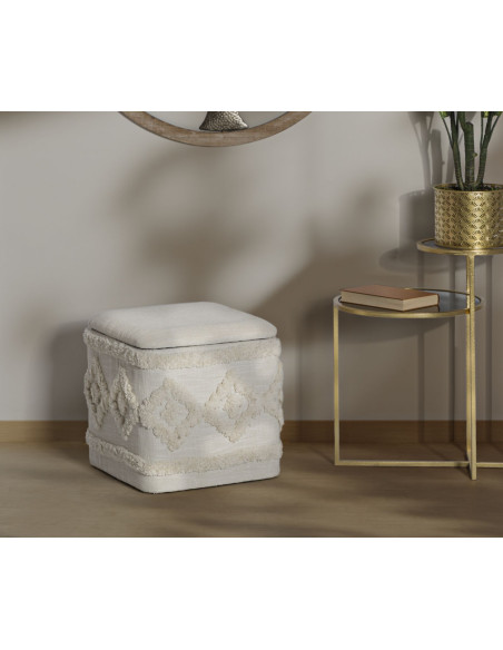 Pouf bohème avec coffre de rangement Carré en Tissu Coton Beige Tufté Bois Ettore 