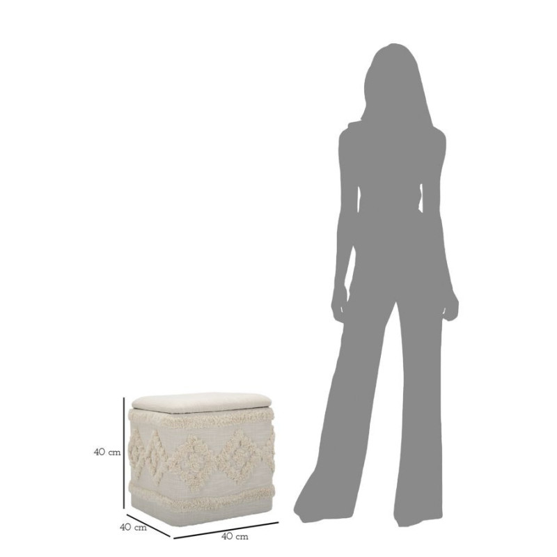 Pouf bohème avec coffre de rangement Carré en Tissu Coton Beige Tufté Bois Ettore 