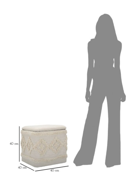 Pouf bohème avec coffre de rangement Carré en Tissu Coton Beige Tufté Bois Ettore 