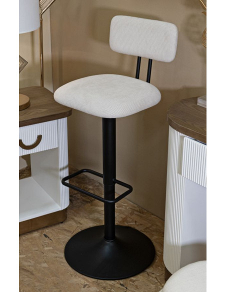 Tabouret de bar moderne avec dossier en Velours côtelé Blanc Métal Noir Alvise 