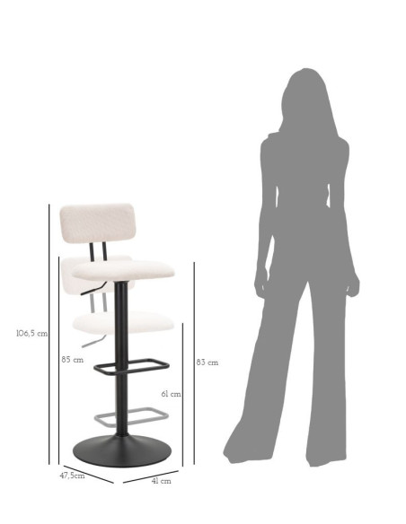 Tabouret de bar moderne avec dossier en Velours côtelé Blanc Métal Noir Alvise 