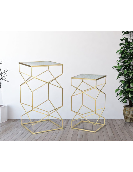 Sellette haute moderne Carrée en Métal Doré Miroir Glassy (Lot de 2) 