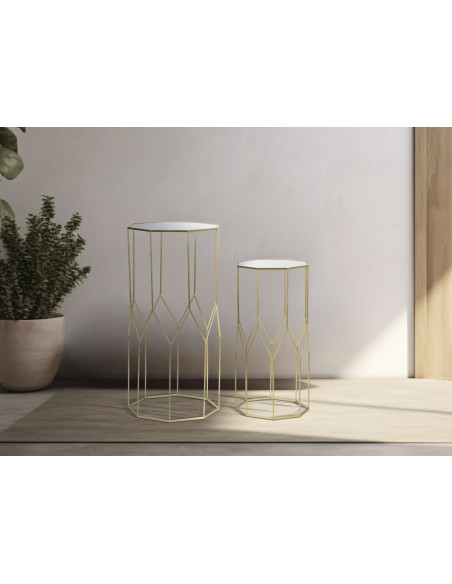 Sellette haute moderne Octogonale en Métal Doré Miroir New Glass (Lot de 2) 