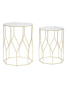 Table d'appoint moderne Octogonale en Métal Doré Miroir New Glass (Lot de 2) 