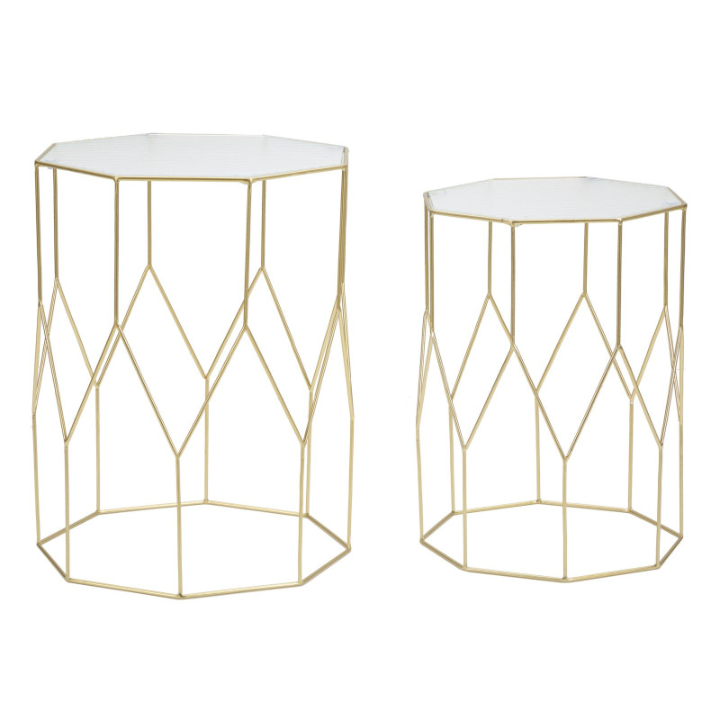 Table d'appoint moderne Octogonale en Métal Doré Miroir New Glass (Lot de 2) 