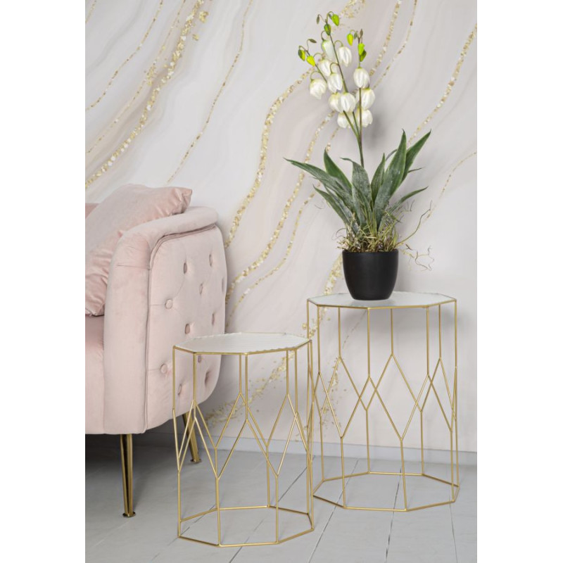 Table d'appoint moderne Octogonale en Métal Doré Miroir New Glass (Lot de 2) 