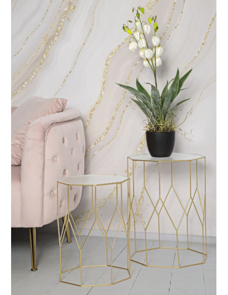 Table d'appoint moderne Octogonale en Métal Doré Miroir New Glass (Lot de 2) 