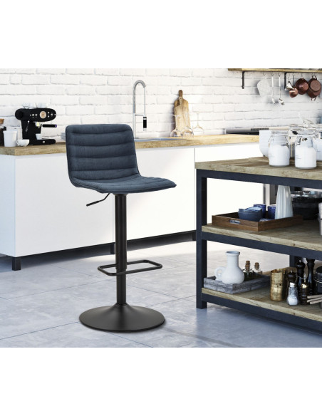 Tabouret de bar moderne avec dossier en Velours côtelé Bleu marine Métal Noir Orazio 