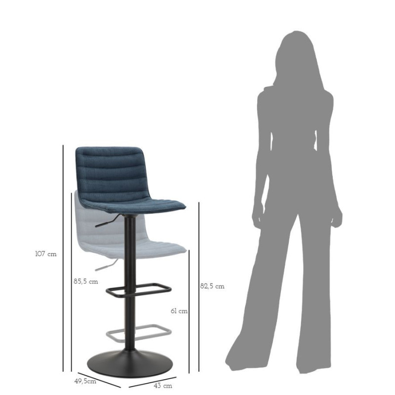 Tabouret de bar moderne avec dossier en Velours côtelé Bleu marine Métal Noir Orazio 