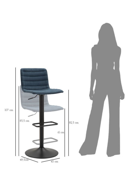 Tabouret de bar moderne avec dossier en Velours côtelé Bleu marine Métal Noir Orazio 