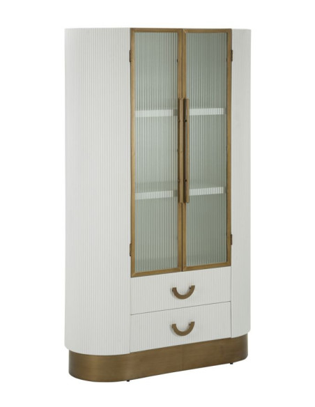 Buffet vitrine moderne Haut 2 portes 2 tiroirs en Bois de frêne Marron Blanc Métal Doré Tolosa 