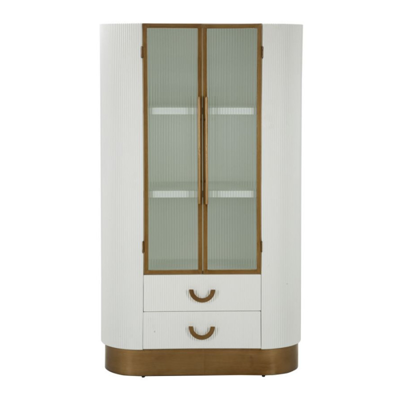 Buffet vitrine moderne Haut 2 portes 2 tiroirs en Bois de frêne Marron Blanc Métal Doré Tolosa 