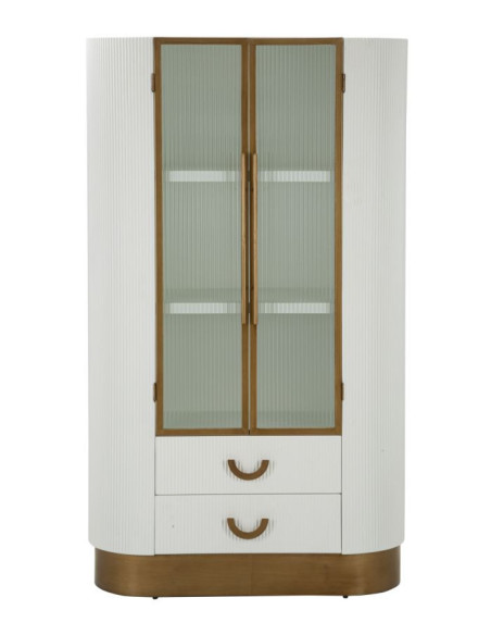 Buffet vitrine moderne Haut 2 portes 2 tiroirs en Bois de frêne Marron Blanc Métal Doré Tolosa 