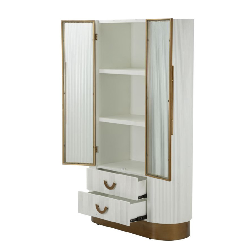 Buffet vitrine moderne Haut 2 portes 2 tiroirs en Bois de frêne Marron Blanc Métal Doré Tolosa 