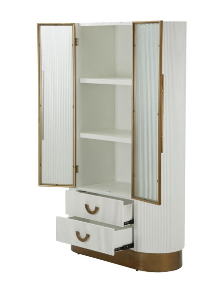 Buffet vitrine moderne Haut 2 portes 2 tiroirs en Bois de frêne Marron Blanc Métal Doré Tolosa 