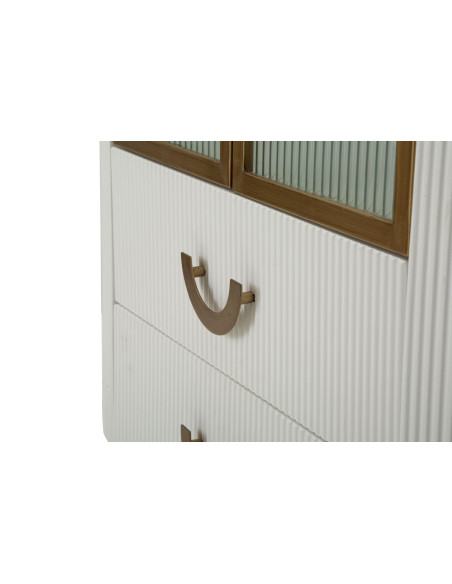 Buffet vitrine moderne Haut 2 portes 2 tiroirs en Bois de frêne Marron Blanc Métal Doré Tolosa 