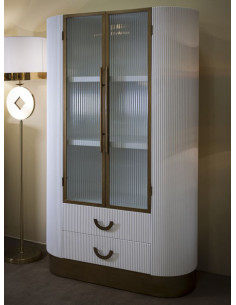 Buffet vitrine moderne Haut 2 portes 2 tiroirs en Bois de frêne Marron Blanc Métal Doré Tolosa 